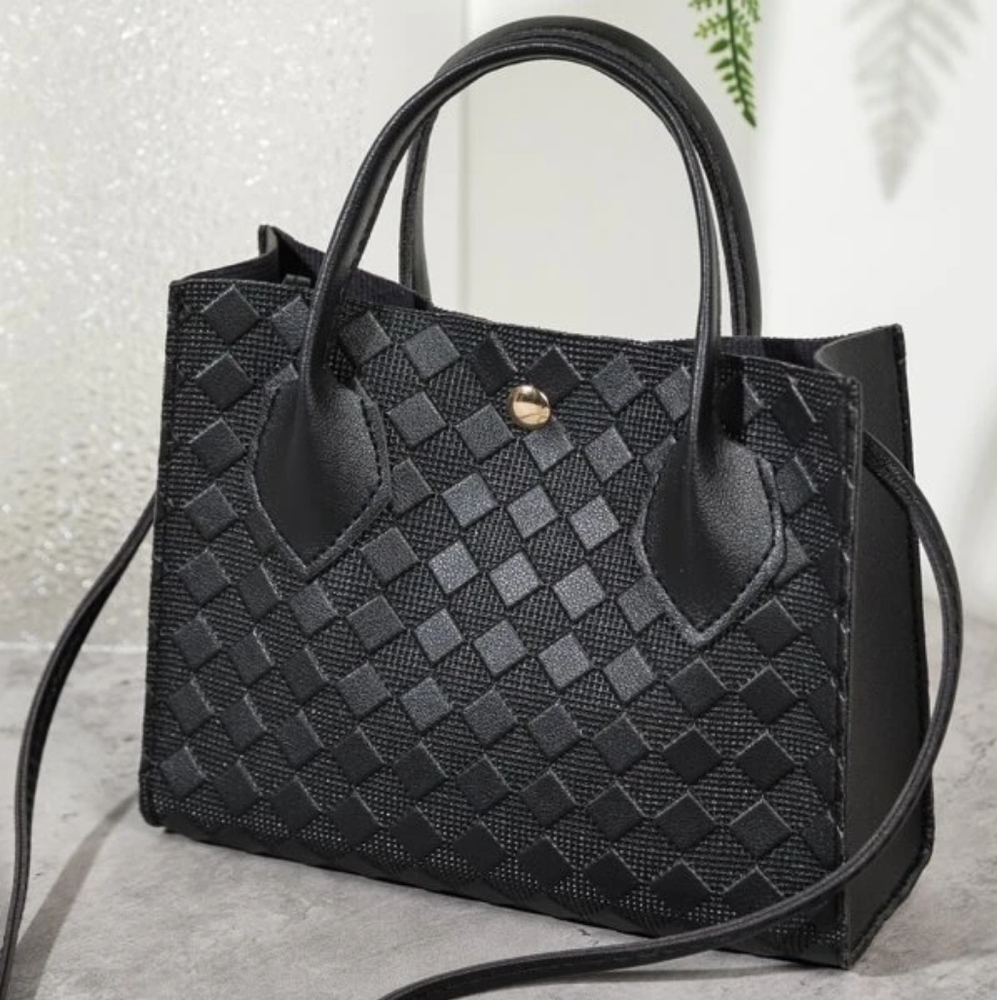 NWOT Black Textured Bag Checkered Faux Leather Purse Top Handle Crossbody Small - Picture 2 of 3